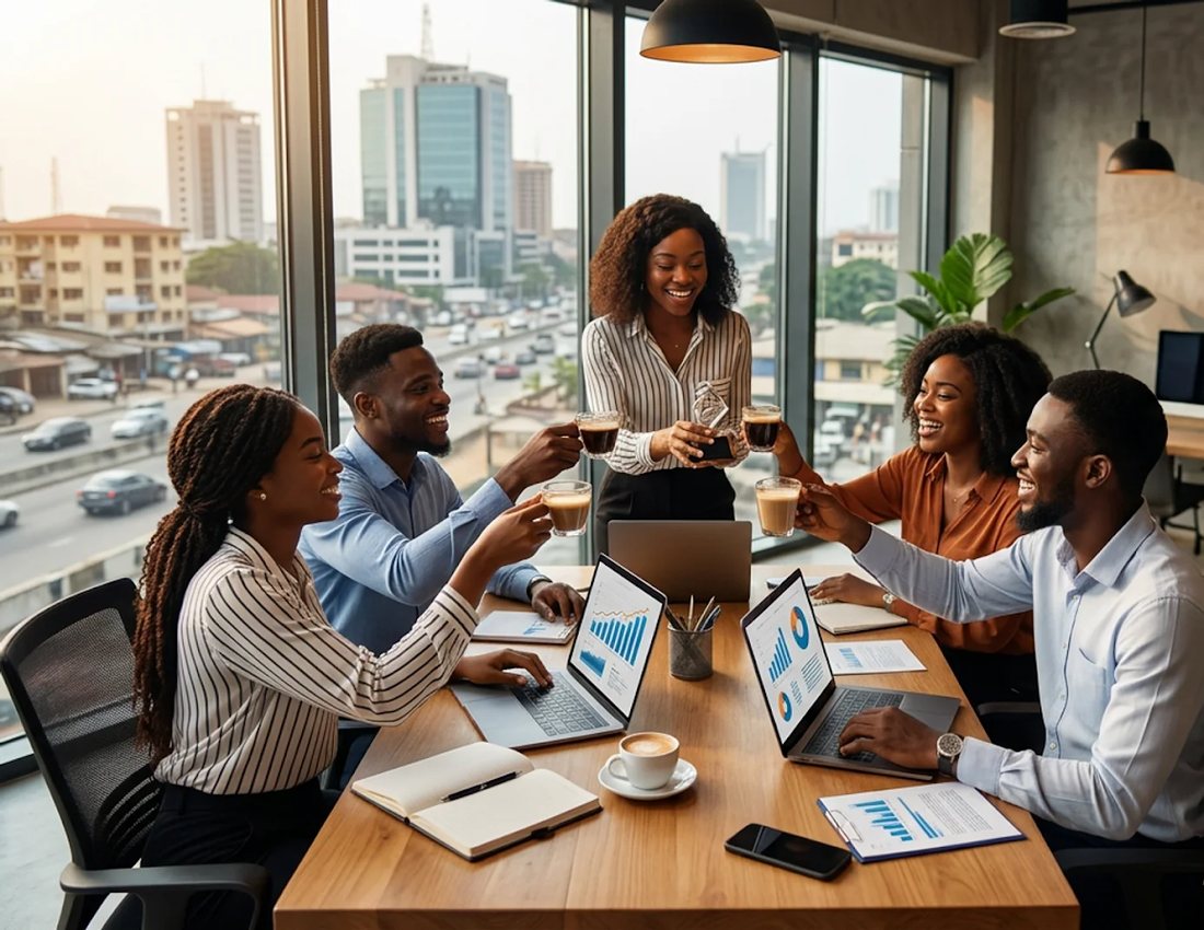 Jeunes entrepreneurs sénégalais au travail, ordinateurs portables ouverts